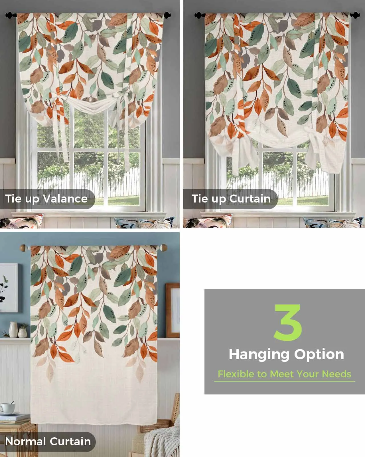 Leaves Plants Pastoral Style Window Curtain for Living Room Bedroom Balcony Cafe Kitchen Tie-up Roman Curtain