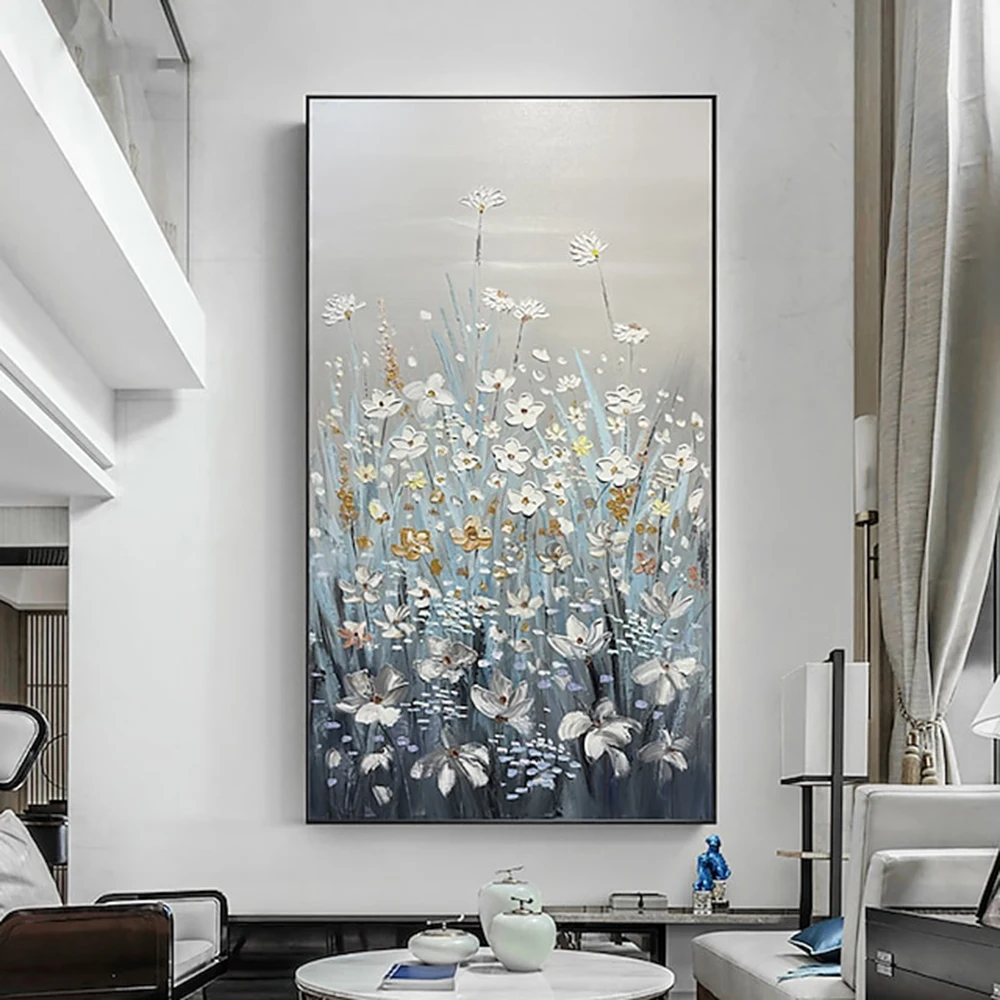 

Hand Painted White Flower Oil Paintin Wall Art Canvas Paintings for Living Room Hallway Bedroom Luxurious Decorative Painting