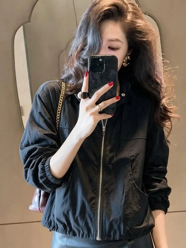 Casual Short Sleeveless Jacket Women's Stand Collar Elastic Cuff Early Autumn New Style Black Coat Standard Fit Neutral Style