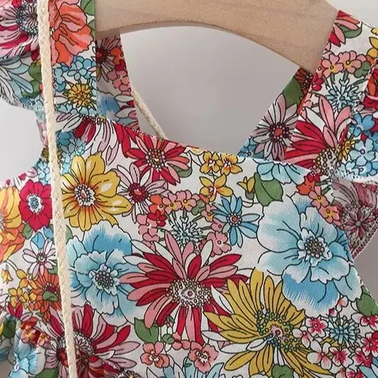 Robe d'été en coton pour petites filles de 0 à 3 ans, 2 pièces, à la mode, motif Floral, manches volantes, avec sac à bandoulière, adaptée aux bébés âgés