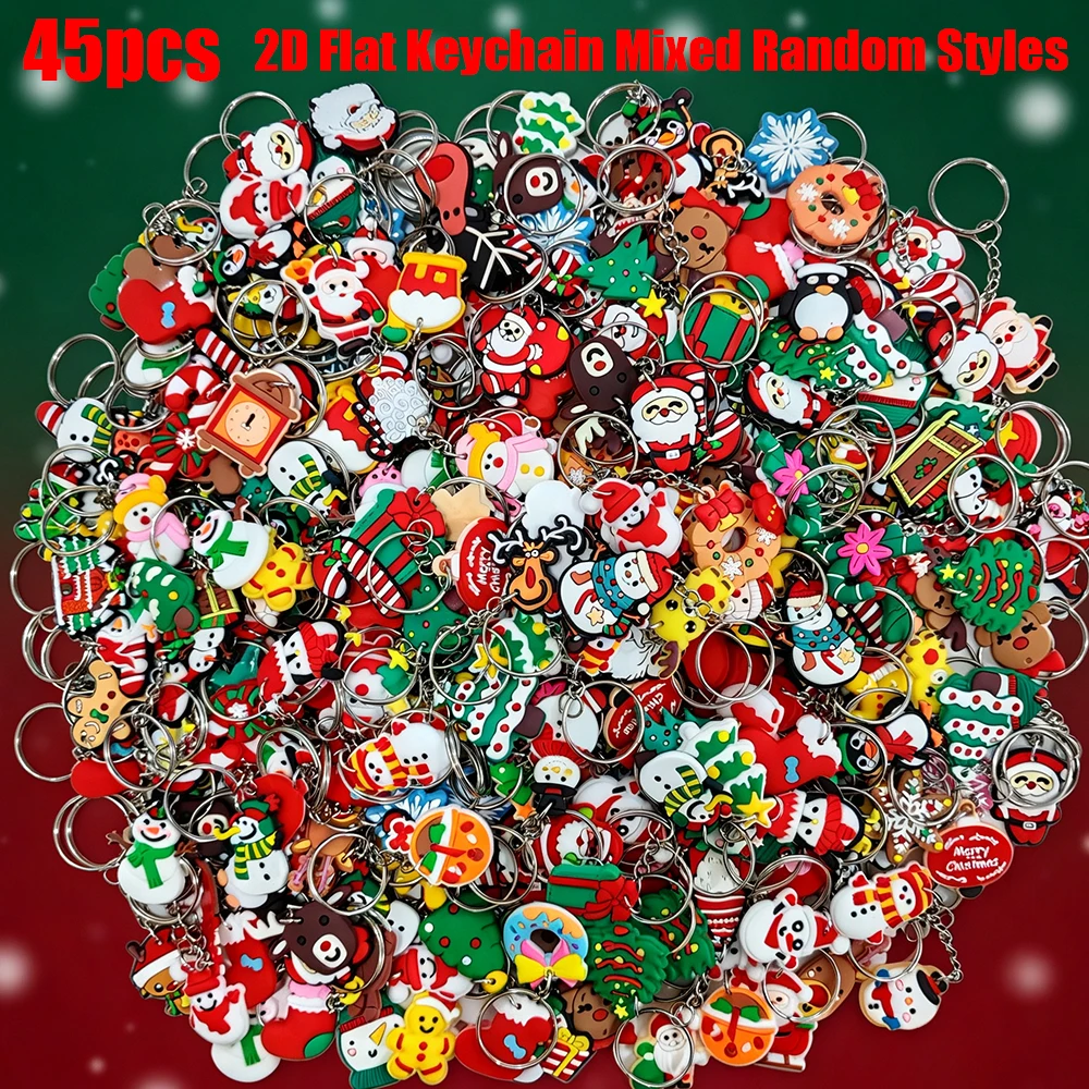 45 Pcs Christmas Keychain Set, 2D Flat PVC Reindeer Santa Charms, Cute Holiday Gift, All Styles Shown Are Included