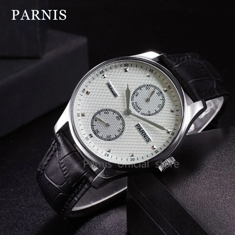 Parhéritage-Montre-bracelet mécanique automatique pour homme, boîtier en argent, réserve de marche, bracelet en cuir, mode, 2024, 43mm