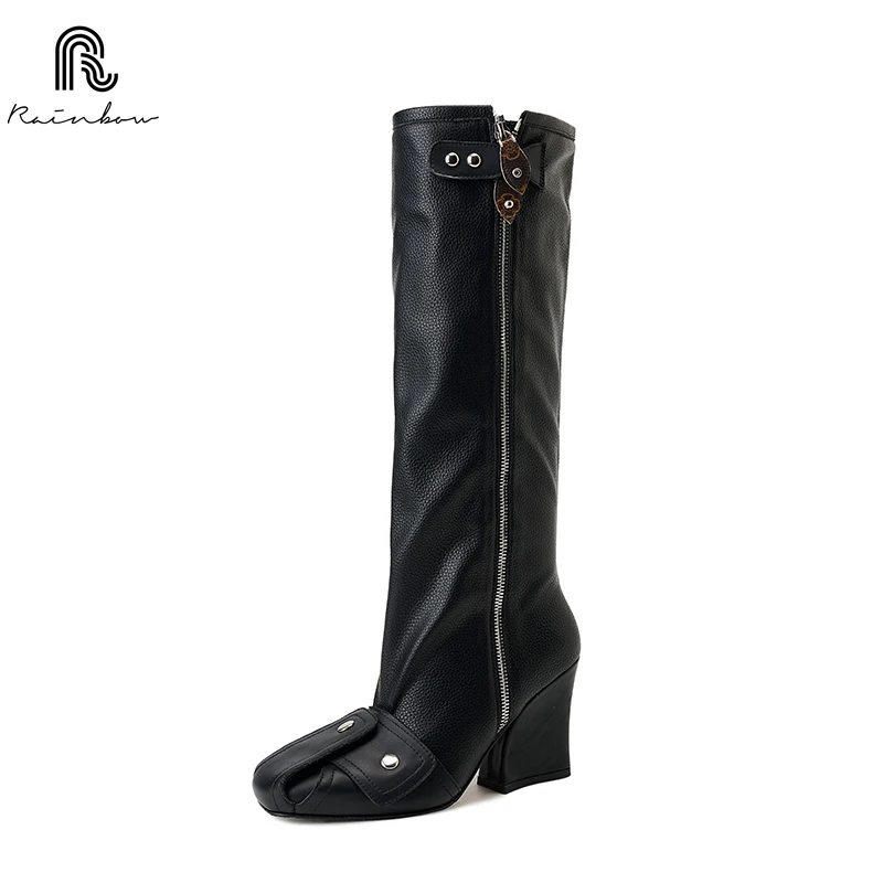 

RAINBOW 42 New Rivet Knee-High Women Boots High-Quality Leather Wedge Heel Boots Personality Street Punk Style Motorcycle Winter