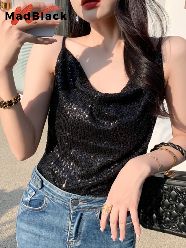 

MadBlack European Clothing Tank Tops Women Sexy Glitter Sequin Slim Adjustable Strap Camisole Top Sleeveless Tee Autumn T37060JC