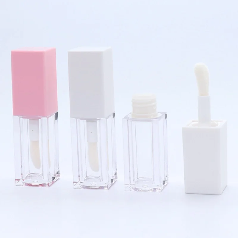 5ML Empty Square Lip Glaze ขวดคอนเทนเนอร์สีขาวสีชมพูฝาปิดสีดําแปรงขนาดใหญ่ลิปสติกแต่งหน้าบรรจุภัณฑ์ Lipgloss Wand หลอด