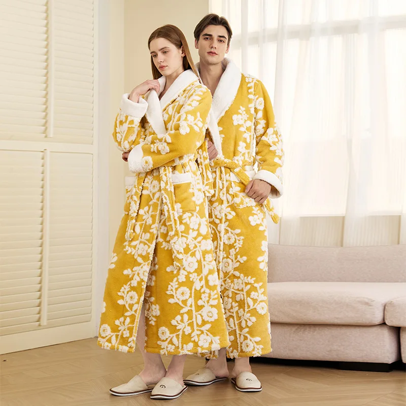Jacquard Double Layer Thicken Robe Gown Women and Men Sleepwear Winter Warm Nightgown Coral Fleece Lovers' Bathrobes Lingerie
