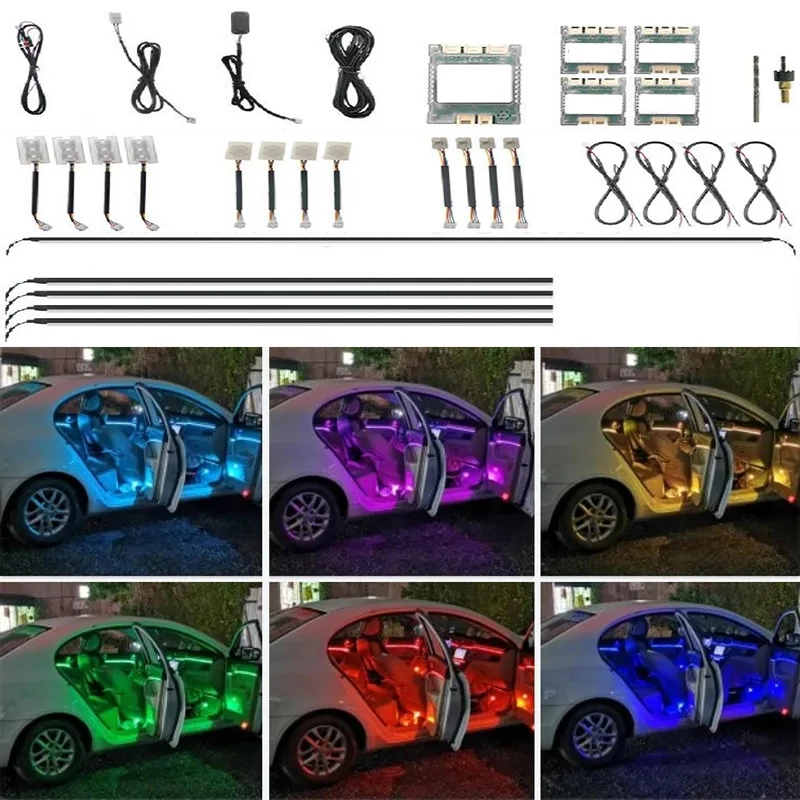 

Универсальная двухзонная Светодиодная лампа 18 в 1 для автомобиля, встроенная подсветка, 64 цвета, внутренняя подсветка, направляющая, декоративная атмосферная лампа