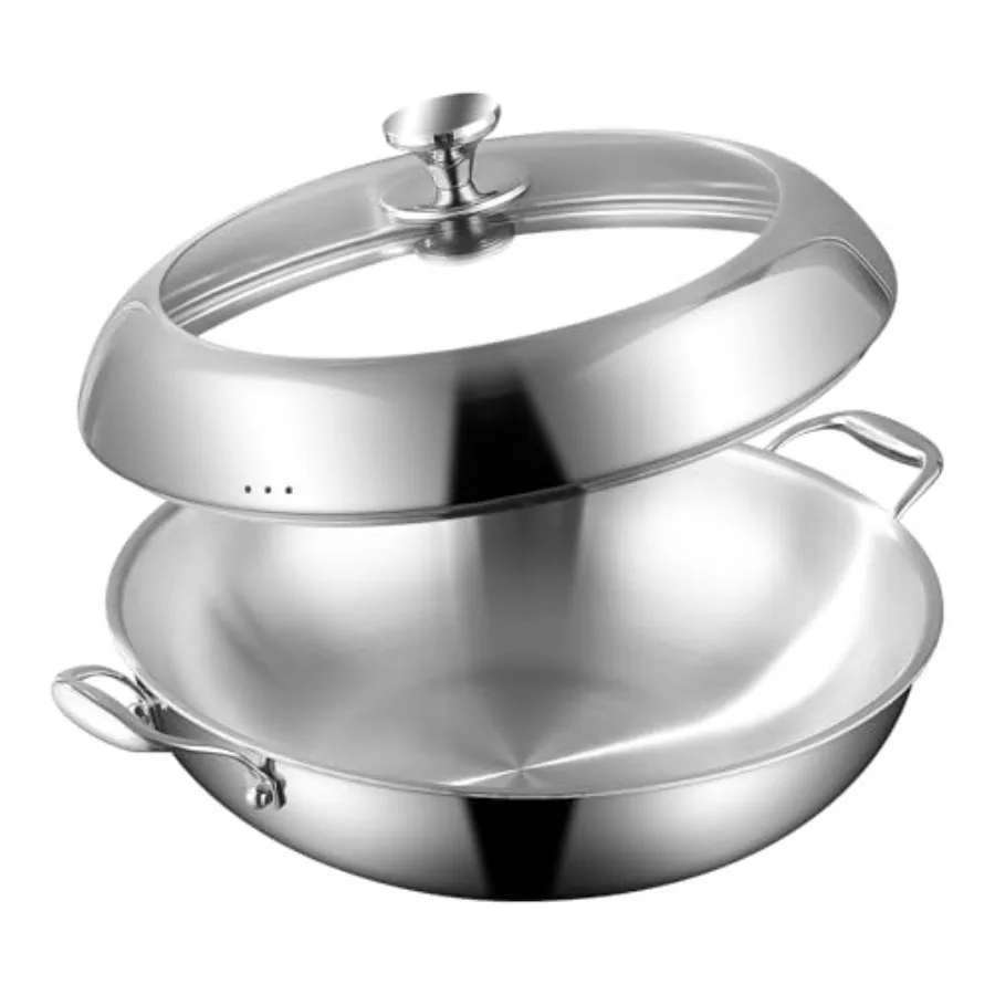 Wok de Acero Inoxidable Tri-Ply de 14 Pulgadas con Tapa, Fondo Plano, Apto para Inducción, Antiadherente, para Cocina de Vitrocerámica de hasta 60 cm