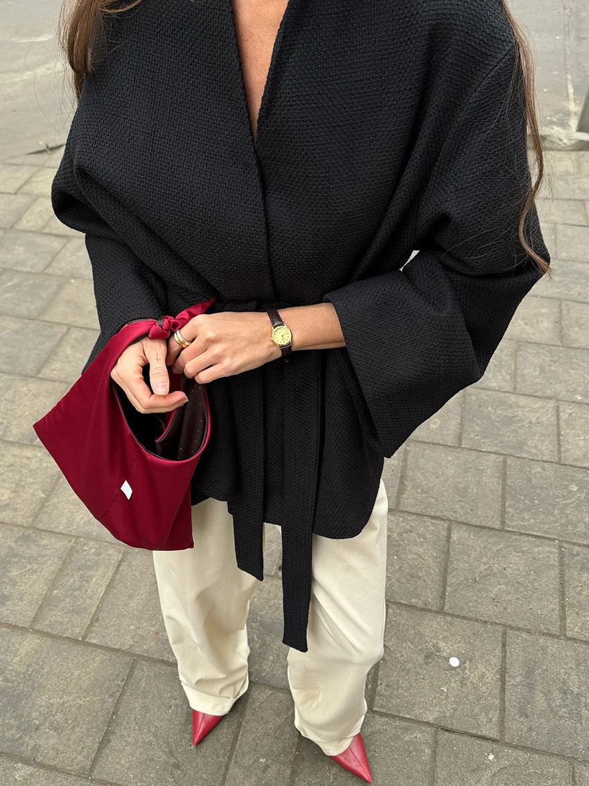 

Chic Solid Lace Up Jackets Women Elegant V Neck Long Sleeve Short Loose Coat 2025 Autumn Winter Lady New Casual Street Outerwear