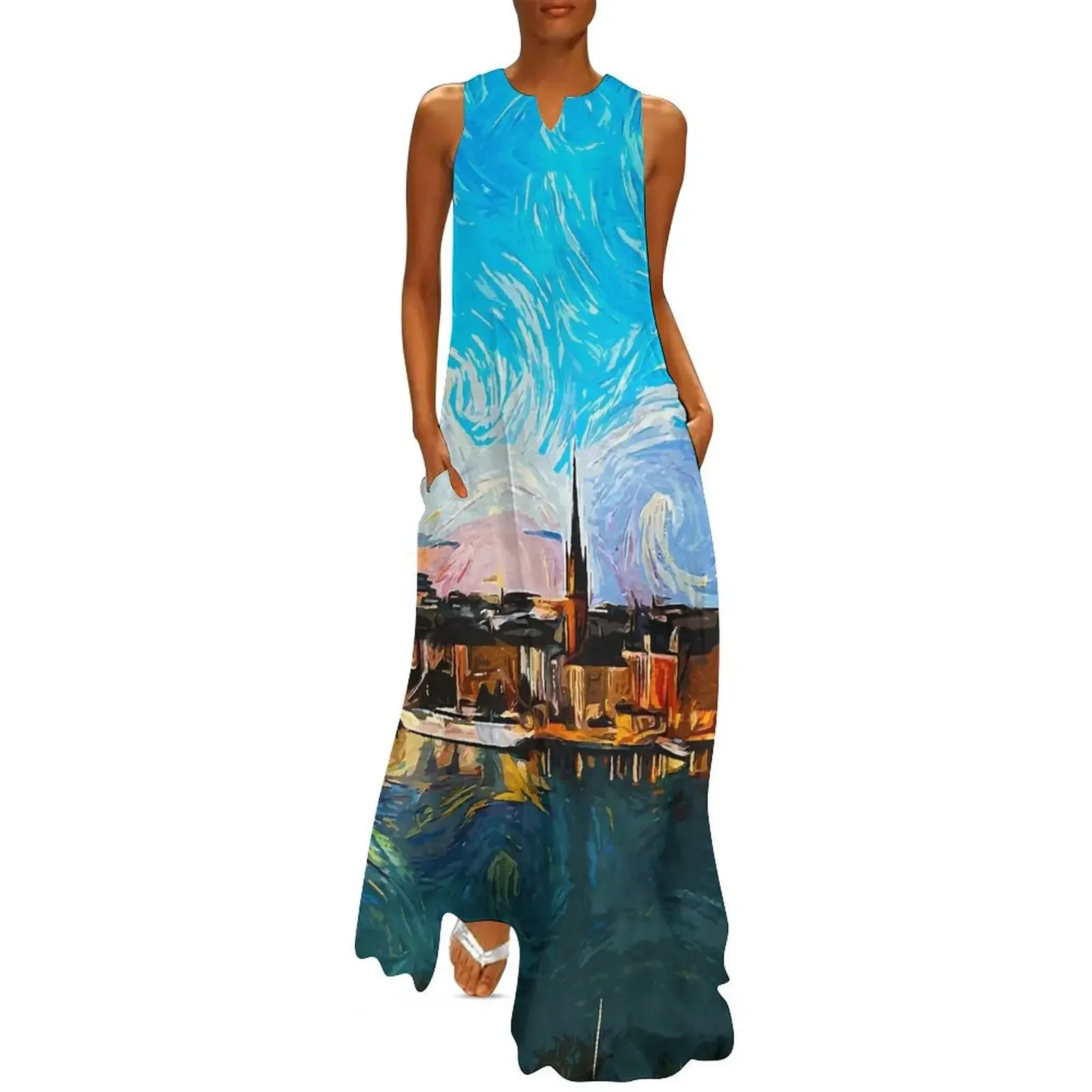 Oil Painting Dress Sexy Sleeveless Party Maxi Dress Streetwear Boho Beach Long Dresses Woman V-Neck Printed Dress Women Vestidos