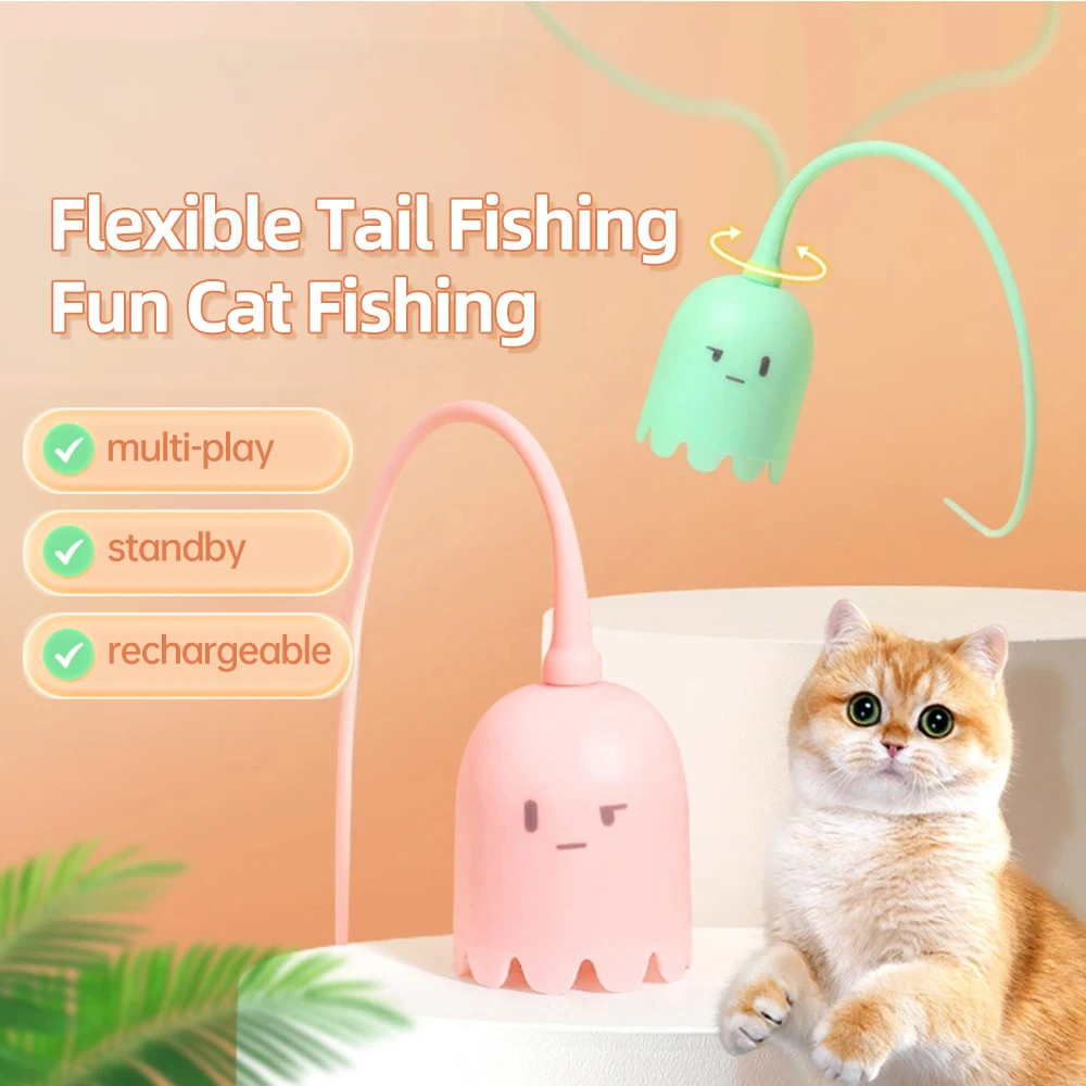 Interactive Cat Toys USB Electric Intelligent Rolling Ball Toy Cats Pet Silicone Automatic Rotate Mouse Tail Kitten Teaser Stick