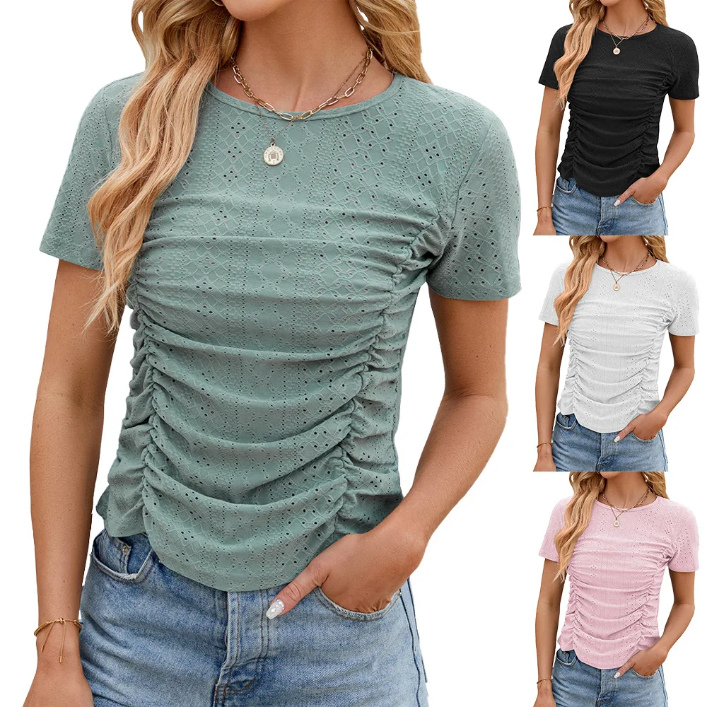 

Spring and Summer Casual Solid Color Round Neck Slim Fit Pleated Short Sleeved T-shirt Top for Women