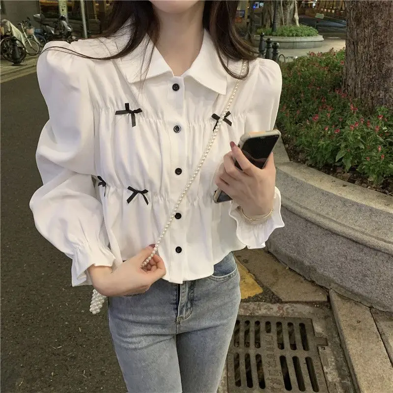 Spring New Long Sleeve Bow Patchwork Blouse Solid Polo Neck Pleated Korean Short Shirt Tops Fashion Temperament Women Clothing