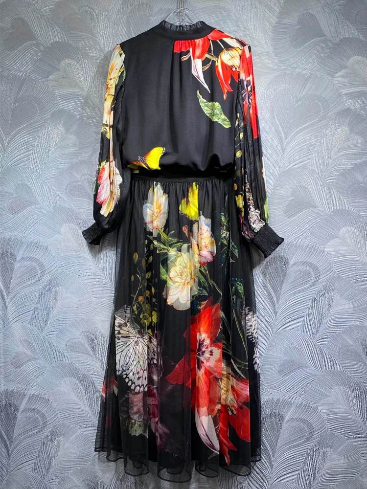 SEQINYY Elegant Black Suit Summer Spring New Fashion Design Women Runway Shirt + Chiffon Long Skirt Vintage Flower Print