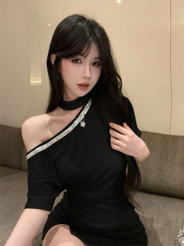 Women's Slim Fit Off Shoulder Sequin Short Sleeve Spicy Girl Style T Shirt 2026 Summer New Arrival Irregular Short Length Top