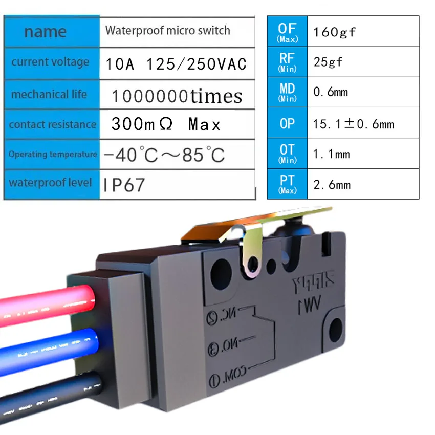 1Pcs VW1 switch high travel limit detection charging gun long button Waterproof IP67 micro switch image 3
