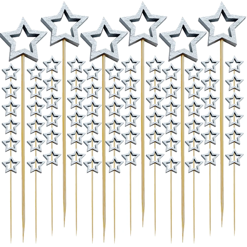 

100pcs Christmas Fruit Picks Cute Bamboo Cocktail Skewers Silver Star Cake Decor Party Supplies Home Garnish Tools