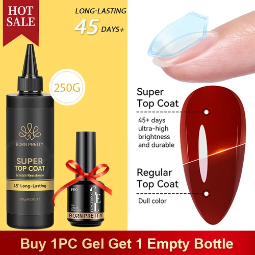 Imagen 1 del producto BORN PRETTY 100g 250g Super Top Coat Gran volumen Ultra alto brillo Buena resistencia a los arañazos 45+ días Gel de capa superior de larga duración