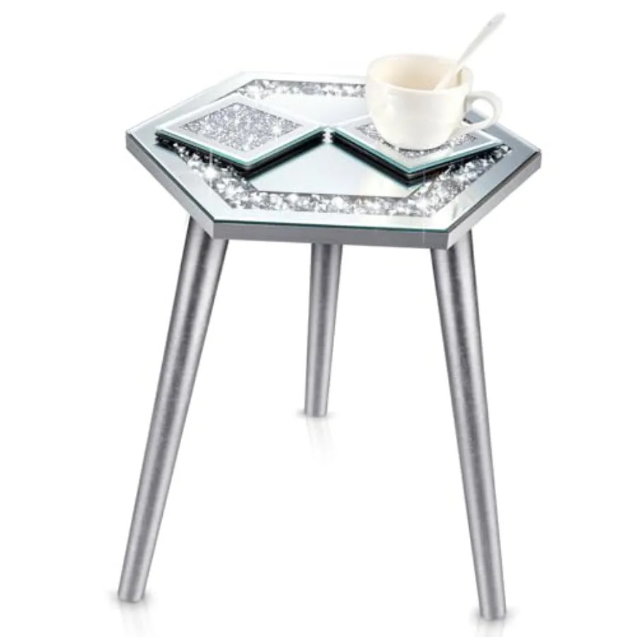 

3 Pcs Mirrored End Table with Glass Coaster Modern Silver Accent Table Bling Mirror Side Desk Crushed Crystal Coasters Crushed
