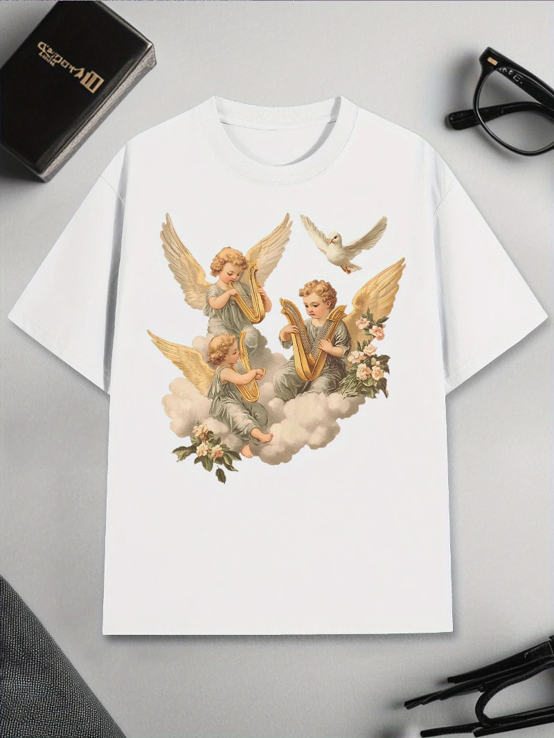 

2025 Angel Print Mens Cotton Tees Vintage Graphic Printed 100 High-end Luxury Is for Both Men and Women Top 2025 Summer Hot Sale