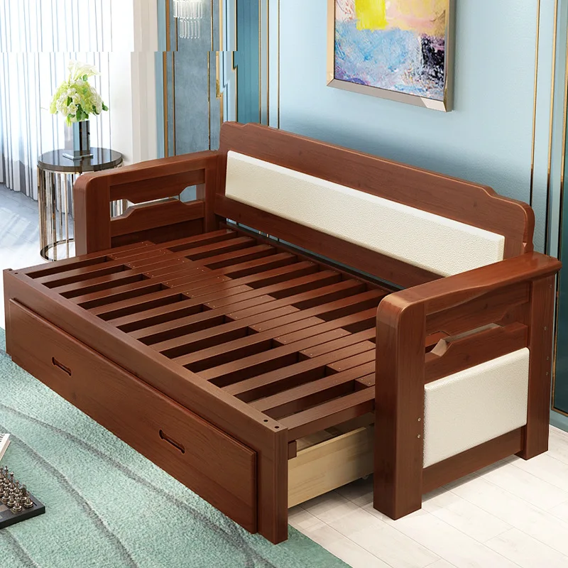 

Solid wood sofa bed foldable small apartment double sitting and lying push-pull living room multi-functional telescopic