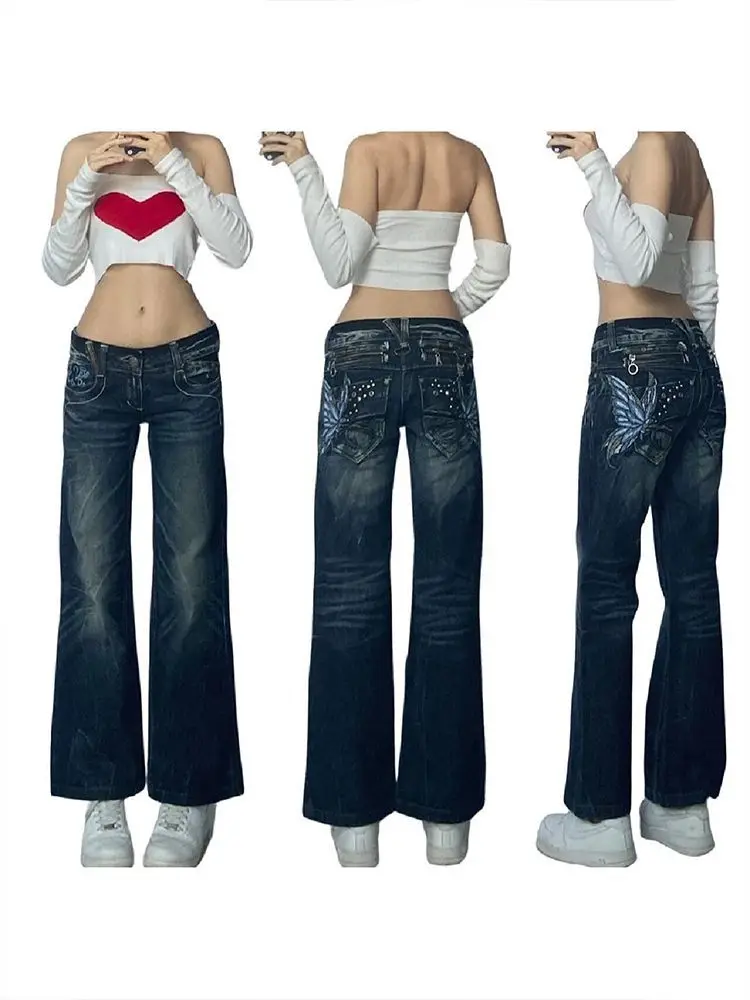 American Style Low Rise Slight Flare Heavyweight Denim Jeans with Butterfly Embroidery Y2K High Street Slimming Fit for Women