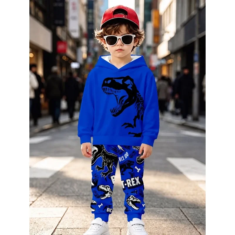 Boys Hooded Jogger Set, Cartoon Dinosaur, Crocodile Animal & Color Block Stripe Graphic, Kids Casual Sport Tracksuit