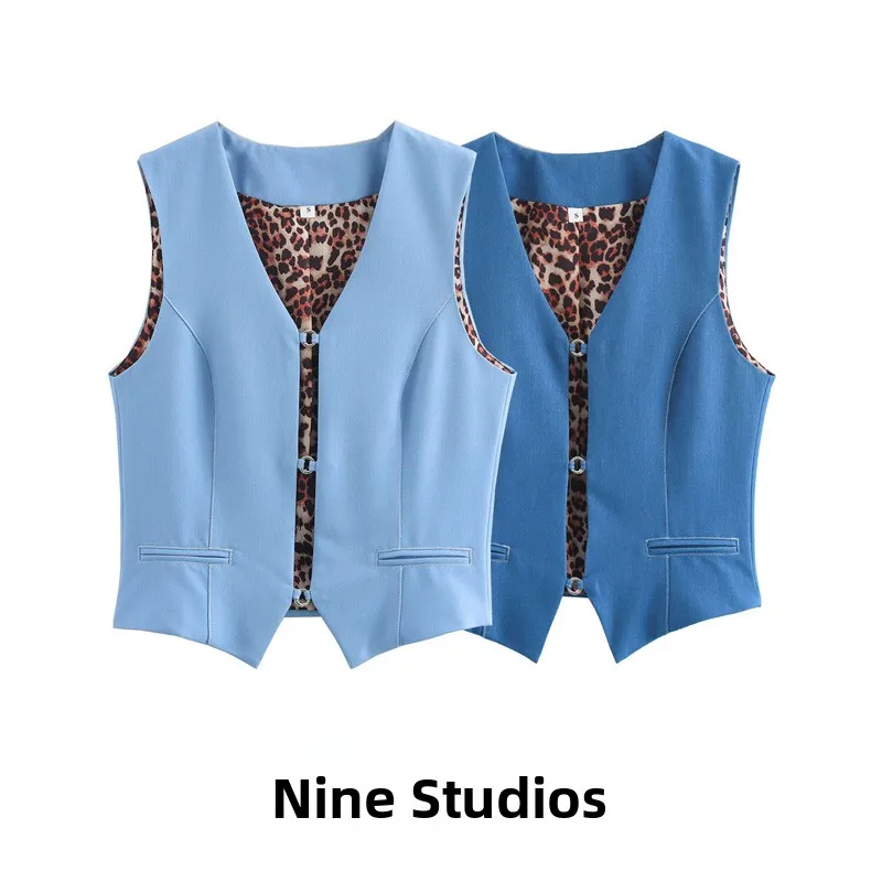 

Two-Tone Leopard Print Splice Elastic V-Ne Denim Vest ort Top Outerwear Women's Faion Commute Sle Single Button Closure