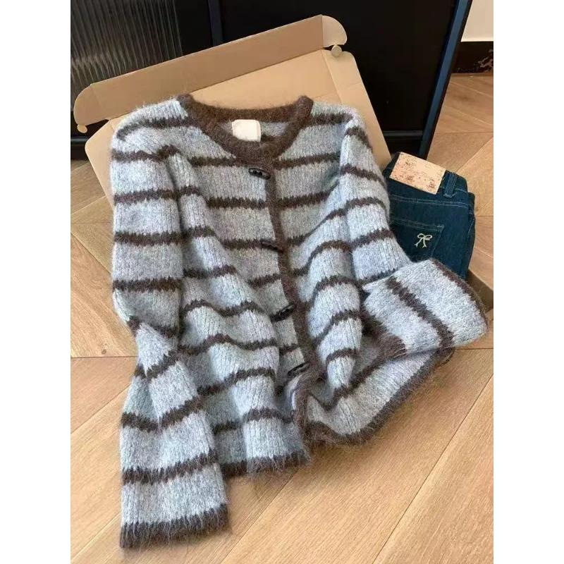 

Knitted Sweater for Women Korean Style Chic Striped Horn Button Loose Small Sweater Cardigan Jumpers Top