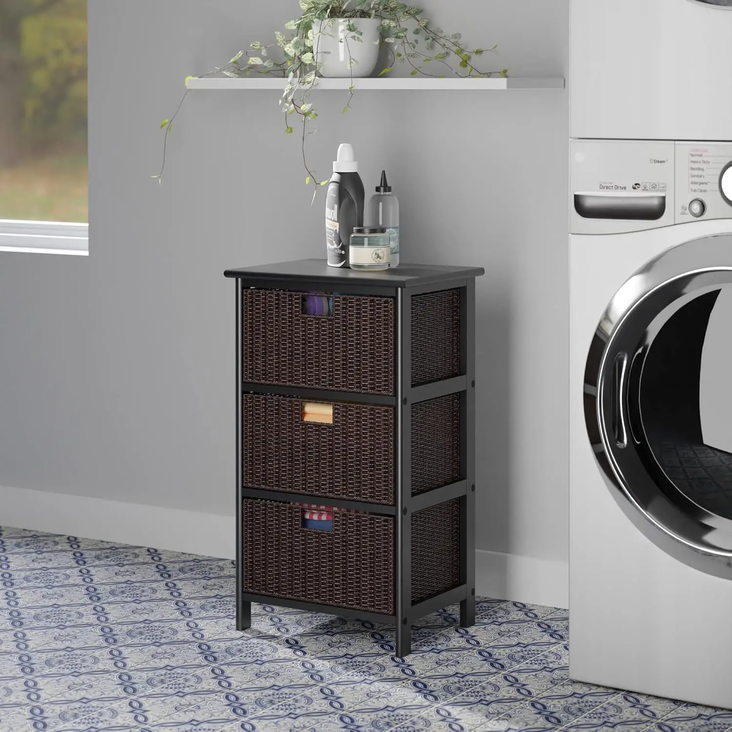 Space-Saving Black Storage Rack with 3 Baskets, Organize Home or Office Efficiently