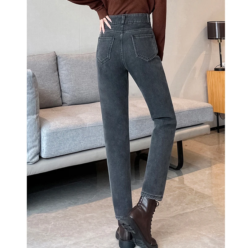 Vintage outono inverno veludo grosso cintura alta jeans roupas femininas solto fino perna reta calças jeans chique botão senhora do escritório