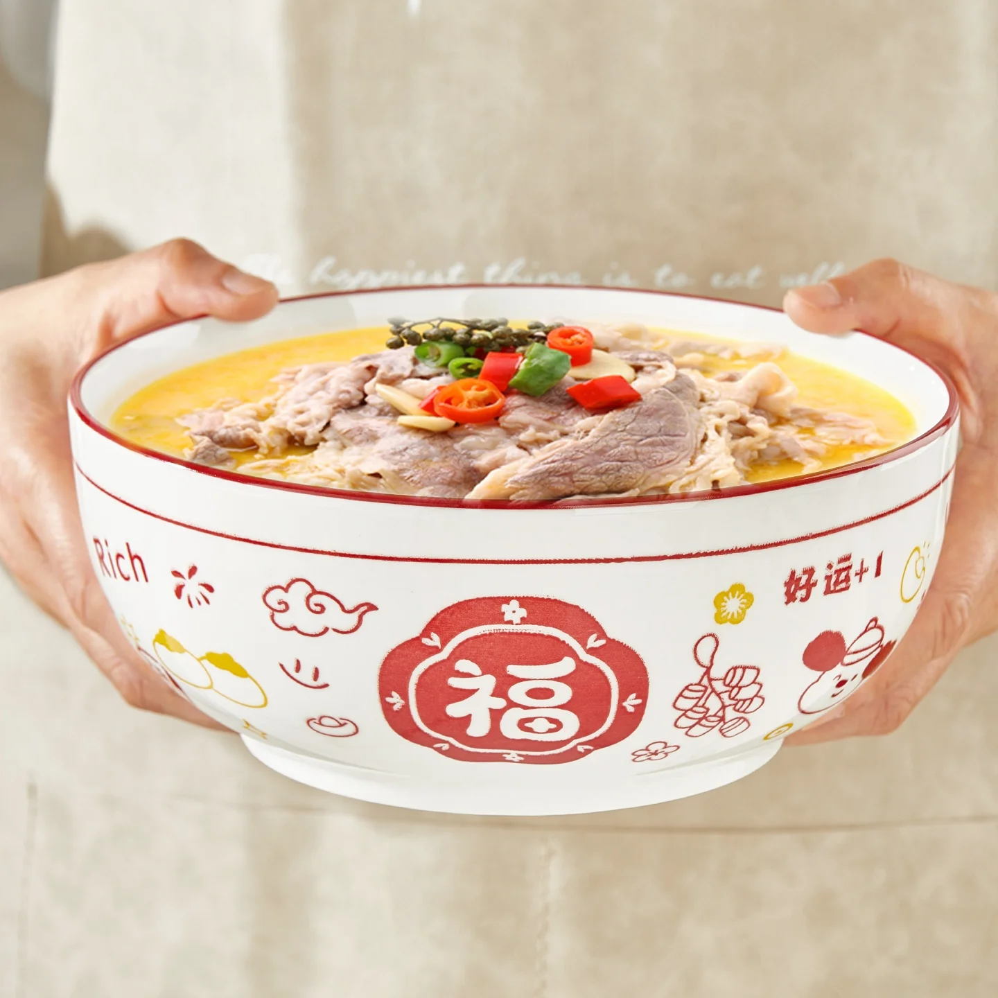 Large Ceramic Soup Bowl Salad Bowl Festive Red Fortune Character Ceramic Fish Pickle Large Bowl Bowl for Soup Ceramic