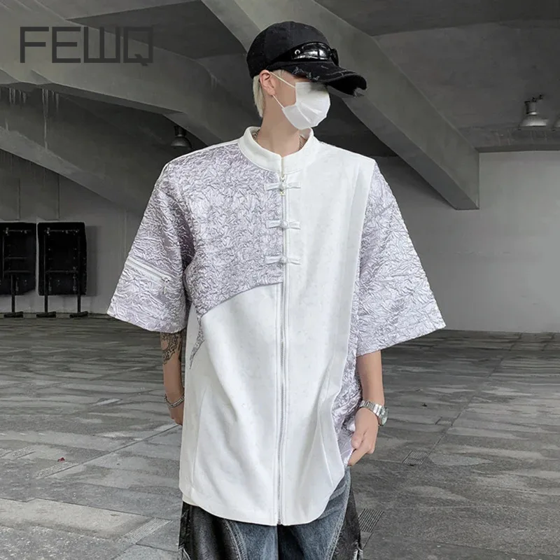 

FEWQ New Chinese Men's Silk Pleated Patchwork Short Sleeved Button Up Shirt 2024 Zipper Korea Fashion Male Tops 24E1014