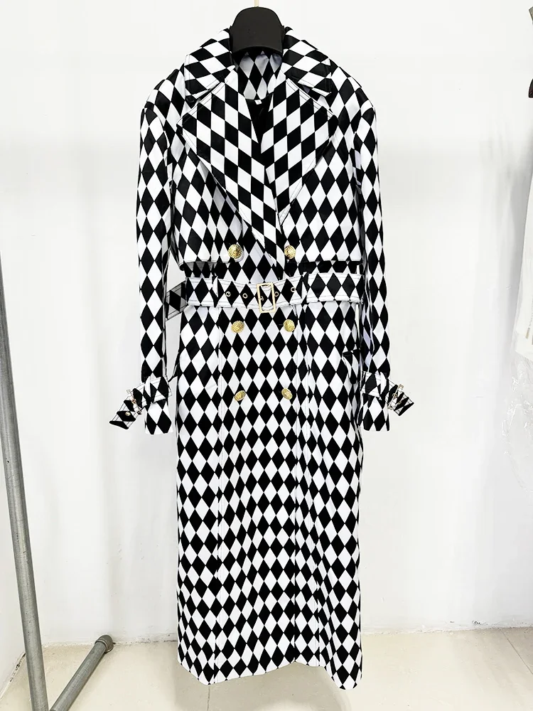 HIGH Quality Newest Fall Winter 2024 Designer Overcoat Women\'s Rhombus Diamonds Printed Long Trench