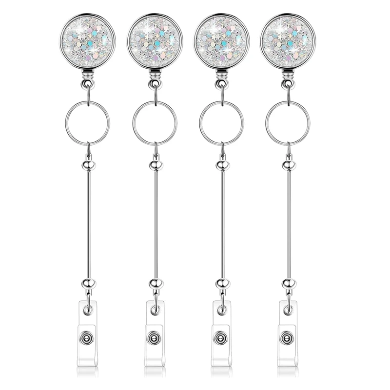 Top-4 Pcs Beadable Badge Reels Blank Bar DIY Glitter Silver Retractable ID Name Badge Reel Clips Holder