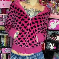 Y2K Heart Print Velvet Jacket with Hooded Pink Sweet Style Autumn Pocket Zipper Coat Retro Cute Slim Outwear Winter
