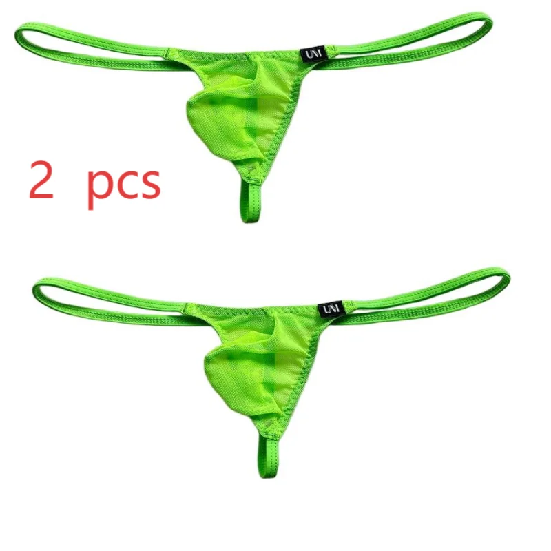 2PCS  Men's  Sexy  Mesh  Transparent  G-strings Underwear Pocket T-Back Design Penetrating Trunk Briefs  For Men