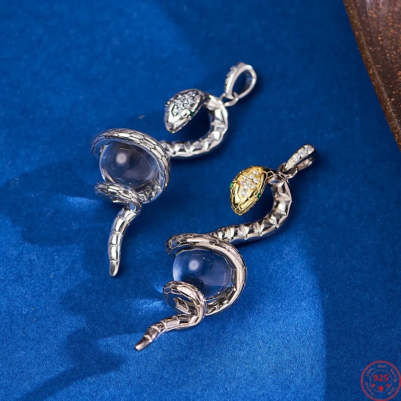 

S925 Sterling Silver Pendants for Women Men Retro Contrast Color Spirit Snake Inlaid Rock Crystal Ball Charm Jewelry Wholesale