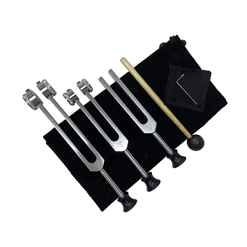 

A04I Tuning Fork Set (128Hz, 256Hz, 512Hz) for Therapy with Silicone Hammer, Repair Tool, Cleaning Cloth and Storage Bag