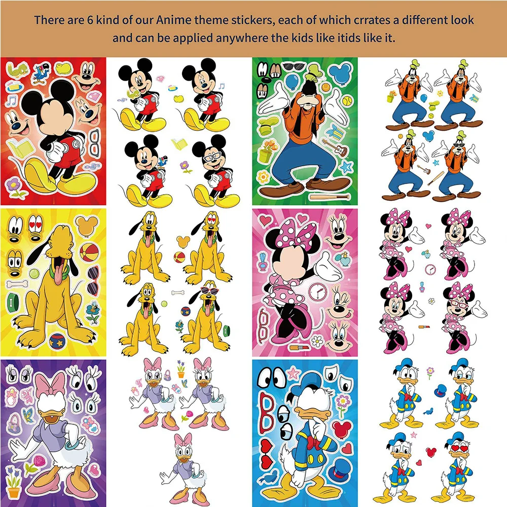 6/12 lembar Kawaii kartun Mickey Mouse Puzzle stiker buku Minnie Donal Bebek membuat wajah Decal merakit stiker Jigsaw