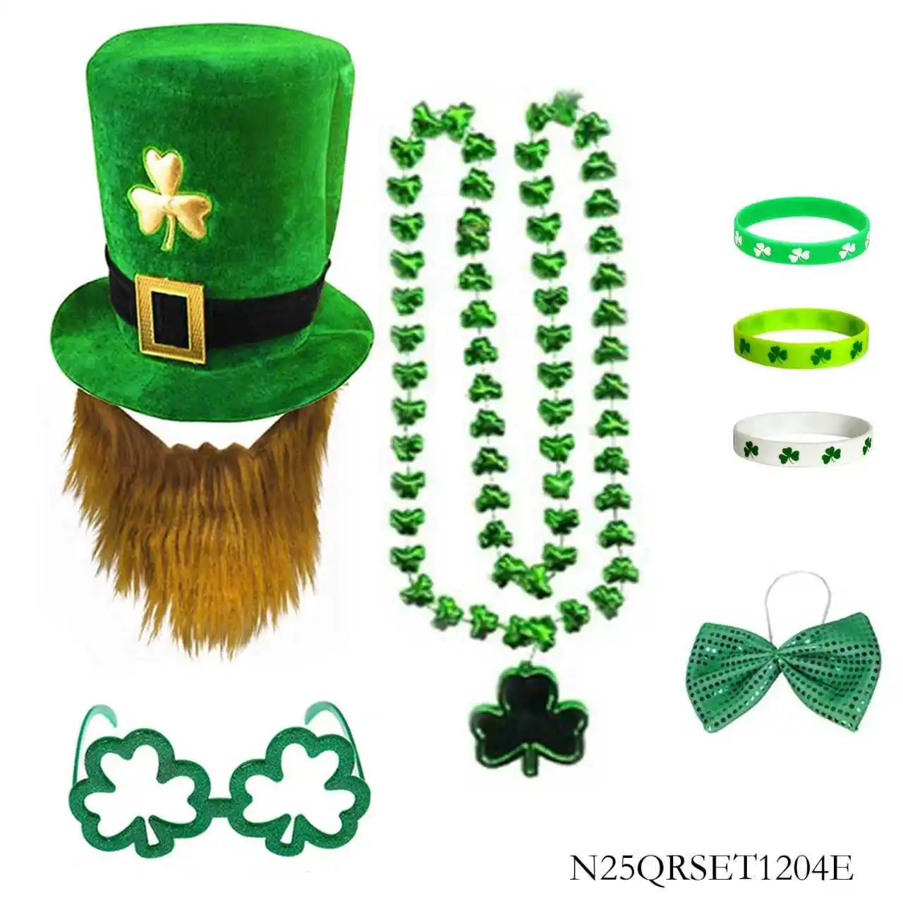 Lucky St. Patrick’s Day Costume Accessories:Leprechaun Hat, Beard, Shamrock Beads, Glasses, Wristbands Bow Tie Festive Irish Set