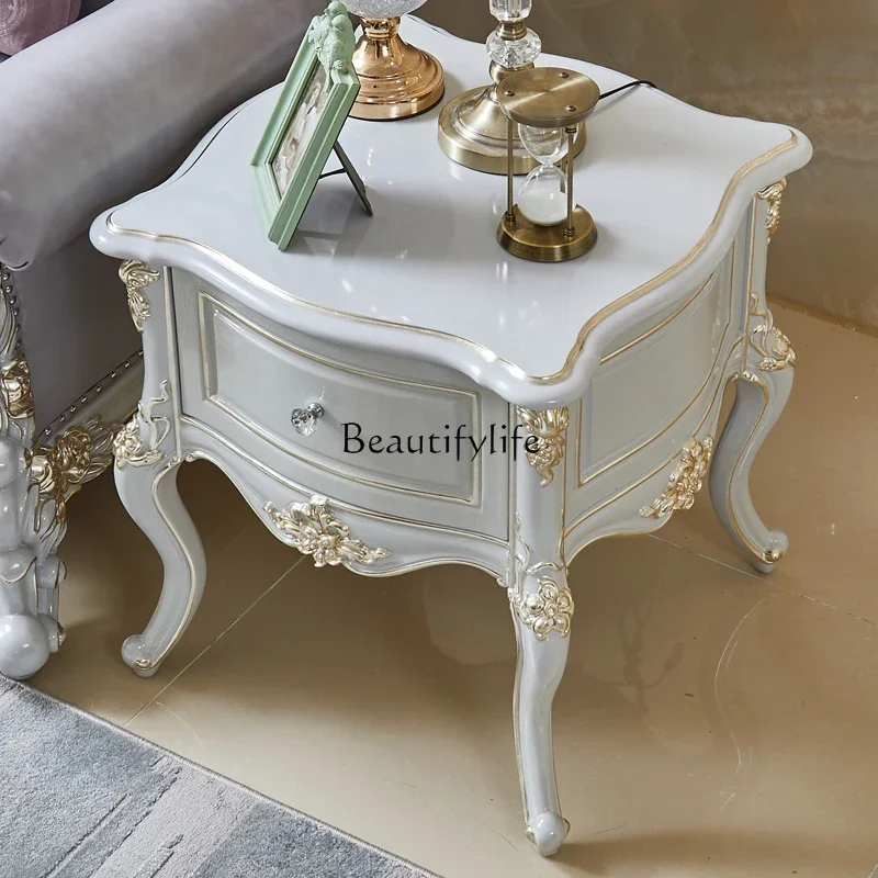 European-style corner few American-style villa solid wood carving flower  premium gray gold-painted sofa telephone few