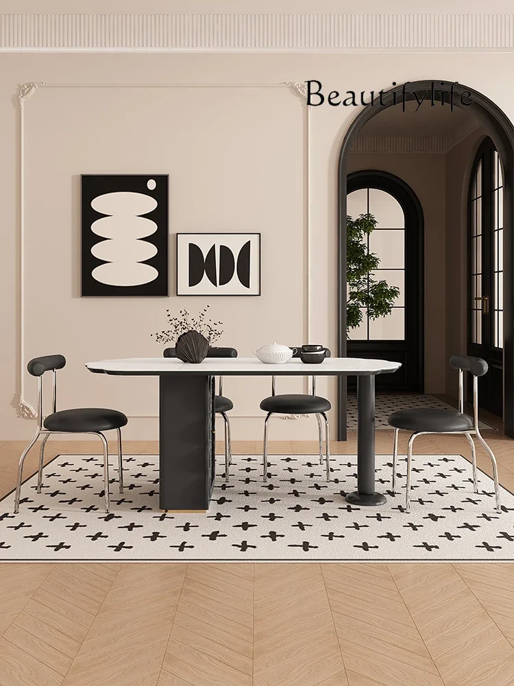X36 French Cream Wind Rock Slab Dining Table Small Household Dining Table Foldable Ripple Black Dining Table