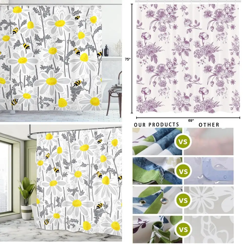 

spring daisy shower curtain: grey floral, bees, and blooming nature on fabric bath decor