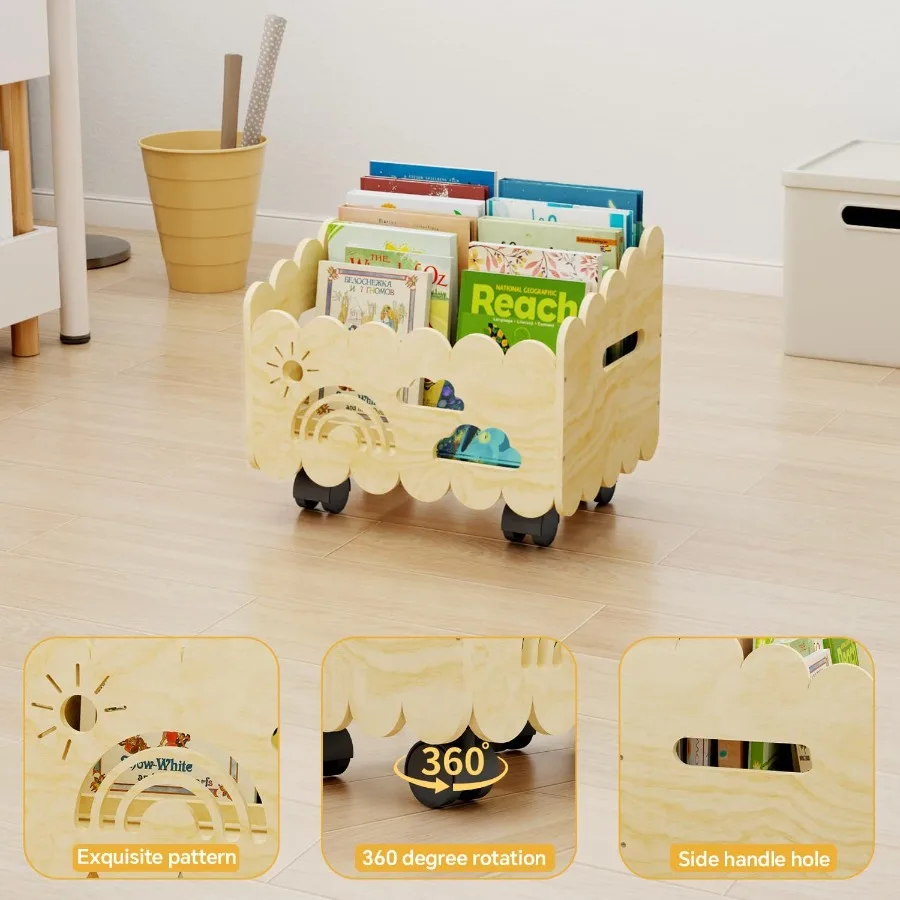 Estante de madeira Montessori com 2 divisórias ajustáveis e 4 rodas para uso em quartos, berçário e configurações de sala de aula Ide