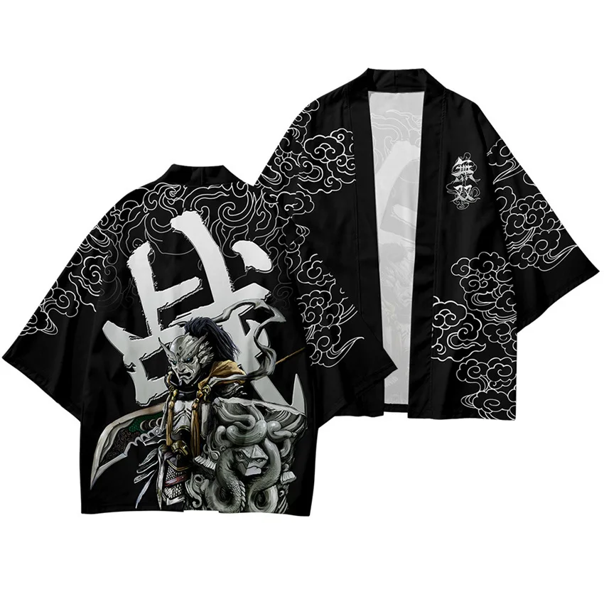 Two-piece Suit Oversize 6XL Japanese Style Defeat Print Fashion Kimono And Pants Set Men Cardigan Blouse Haori Obi Asian Clothes