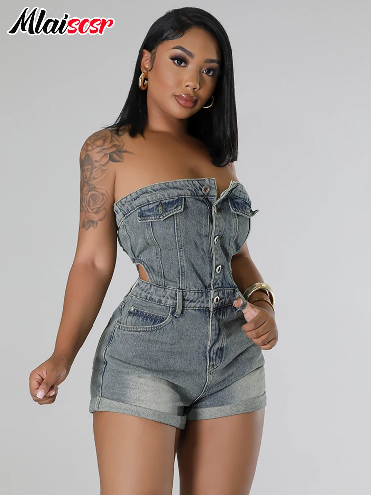 

Mlaiscsr Sexy Tube Strapless Denim Playsuit Women Blue Gray Jeans Short Jumpsuit Single-breasted Birthday Party Club Rompers