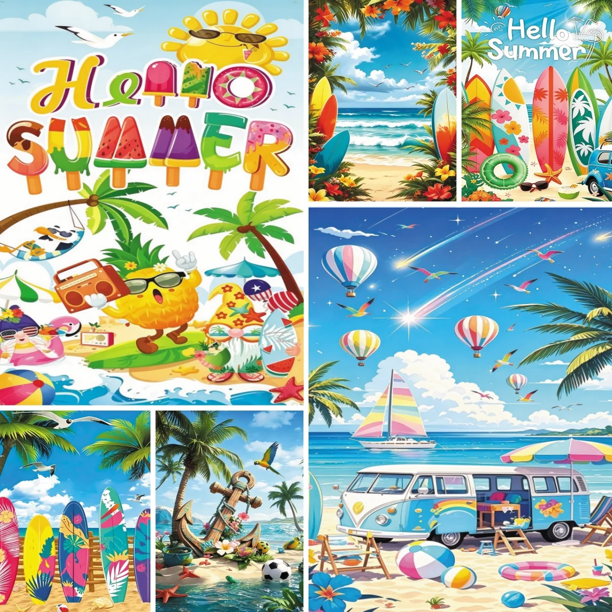 Hello Summer Tropic Seaside Backdrop Beach Palm Tree Surfboard Holiday Travel Party Decor Kids Portrait Photo Background Banner