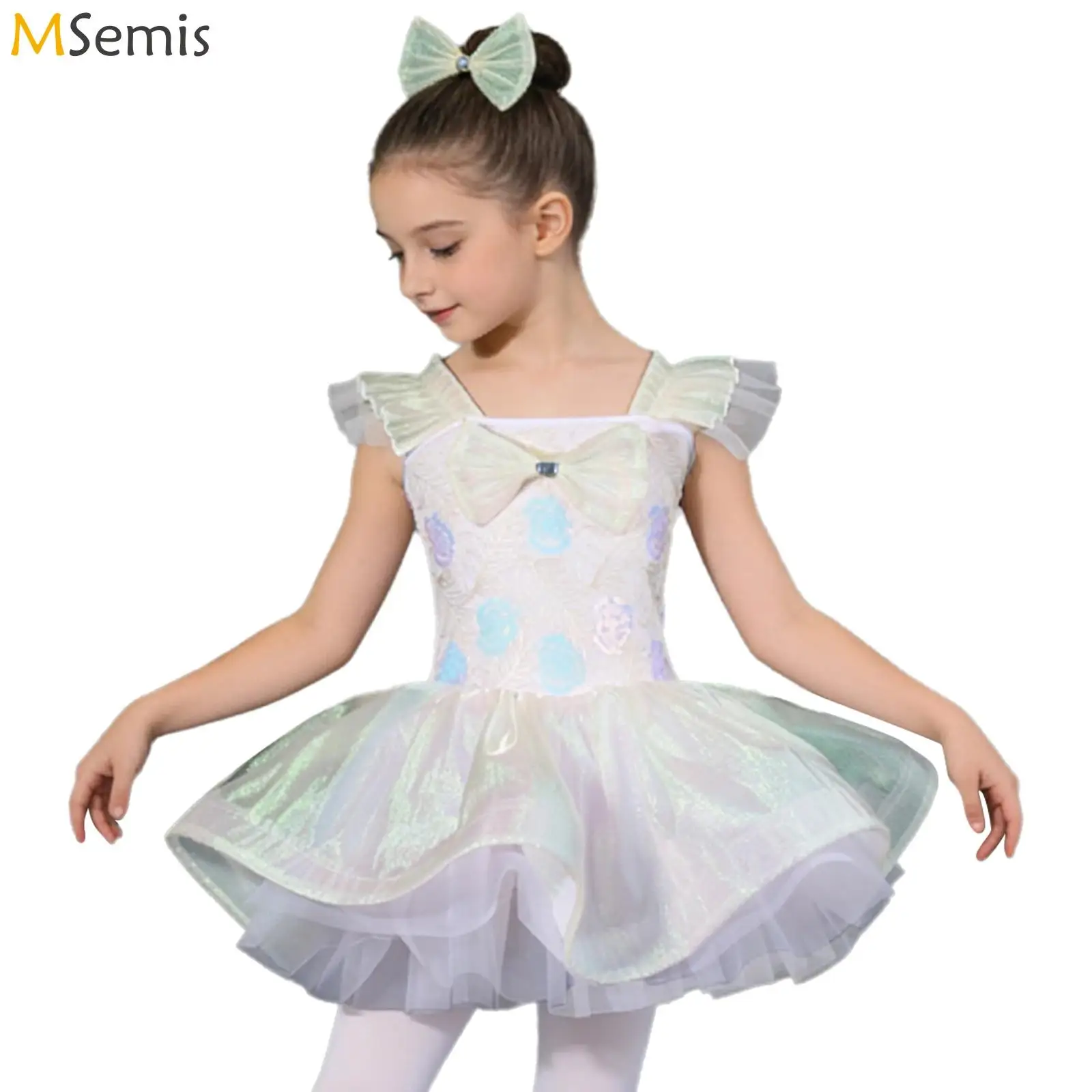 

Kids Girls Ballet Dance Princess Performance Costume Ruffled Sleeves Sparkling Sequin Bodice Tulle Tutu Dress with Bow Headwear