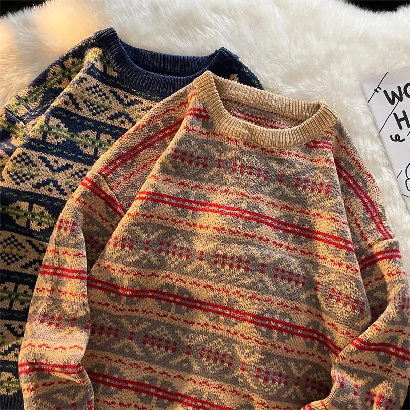 

Vintage Print Sweater Women Harajuku Oversized Knitted Pullovers Couple Japanese Streetwear O Neck Jumper Korean Casual Knitwear